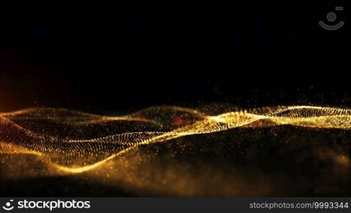 Gold particles sparks animation wave flow background. Flicker particle on black background. digital abstract background. 3d rendering