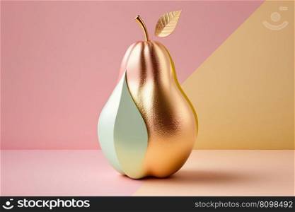 Gold pear on pink pastel background. Pop art modern style, Generative AI. Gold pear on pink pastel background. Generative AI