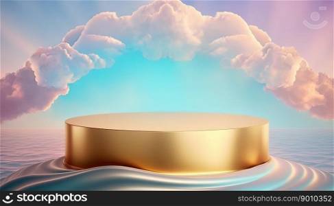 gold podium product advertising stage background platform above sky with clouds around