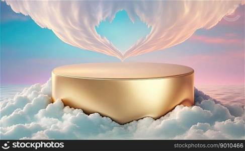 gold podium product advertising stage background platform promotion above sky with clouds around