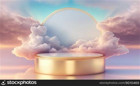 gold podium product advertising stage background platform promotion with clouds around it