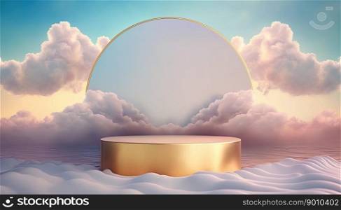 gold podium product advertising stage or stand background platform above sky with clouds around