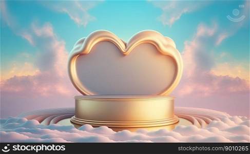 gold podium product advertising stage or stand background platform surrounded by clouds and love heart