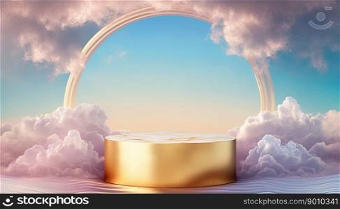 gold podium product display stage background platform above sky with clouds around