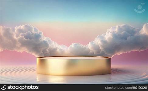 gold podium product display stage background platform promotion surrounded by clouds
