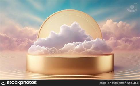 gold podium product display stage background platform promotion with clouds around it