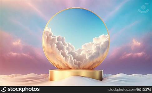 gold podium product display stage background platform with clouds around it
