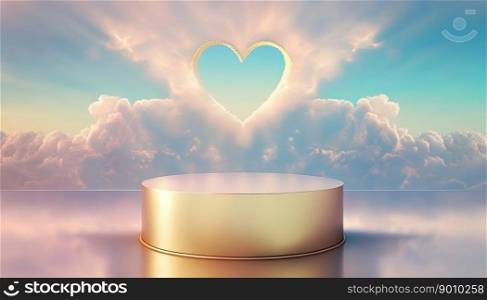 gold podium product display stage or stand background platform above sky with clouds around and love heart