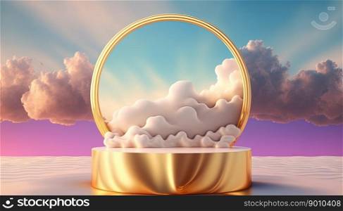 gold podium product display stage or stand background platform surrounded by clouds