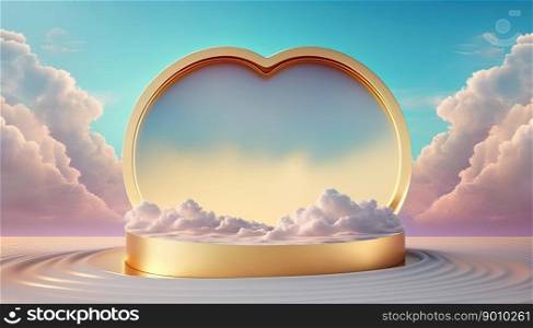 gold podium product display stage or stand background platform with clouds around it and love heart