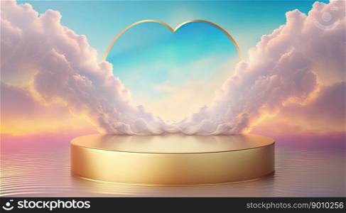 gold podium product showcase stage background platform or pedestal surrounded by clouds and love heart