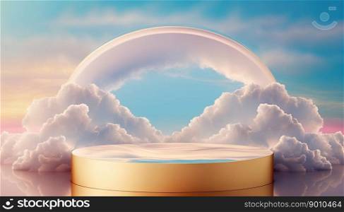gold podium product showcase stage background platform promotion above sky with clouds around