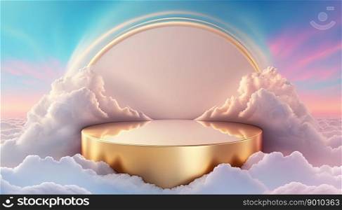 gold podium product showcase stage background platform with clouds around it
