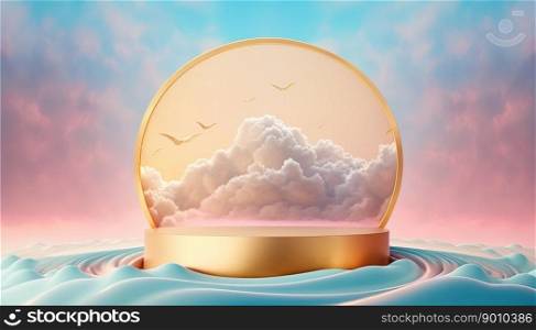 gold podium product showcase stage or scene background platform above sky with clouds around