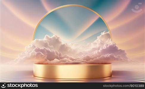 gold podium product showcase stage or scene background platform with clouds around it