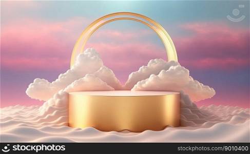 gold podium product showcase stage or stand background platform above sky with clouds around