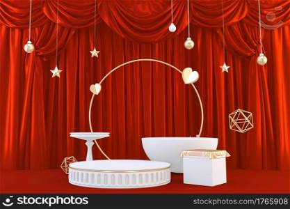 Gold podium show in red color background.3D rendering