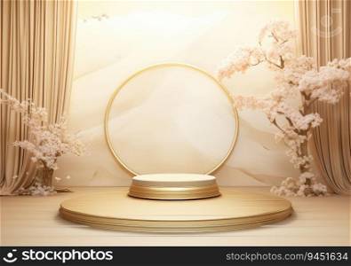 Gold product background stand or podium pedestal on luxury advertising display with japanes backdrops. AI Generative