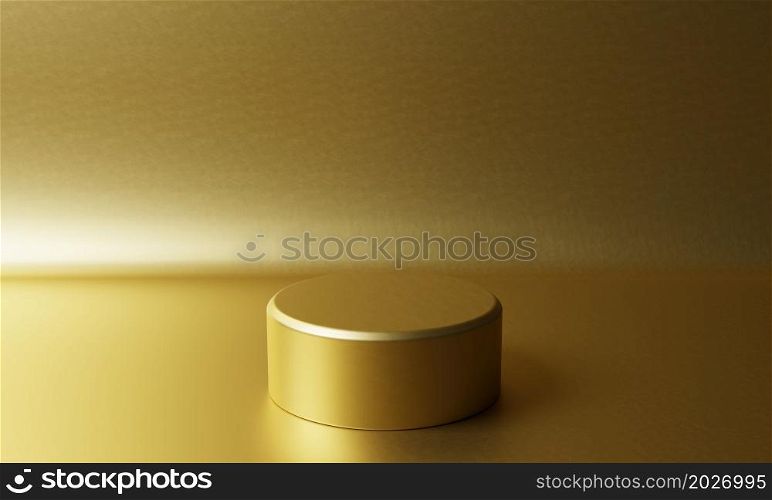 Gold product stand on golden background. Abstract minimal geometry concept. Studio podium platform theme. Exhibition and business marketing presentation stage. 3D illustration rendering graphic design