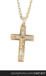 gold religious cross at chain, isolated on a white background