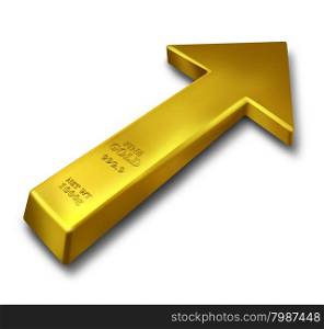 Gold rise business concept and commodities price increase symbol as a bar of yellow precious metal object shaped as an upward arrow on a white background.