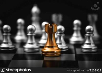 Gold Rook or Castle Tower Chess piece closeup on chess board game. Elite Company leader concept.