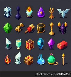gold rpg 2d game icons ai generated. interface object, effect gem, gui element gold rpg 2d game icons illustration. gold rpg 2d game icons ai generated