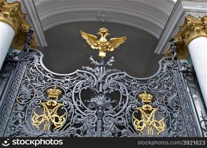 gold russian imperial family crown on Hermitage.Saint-Petersburg, Russia.June 2, 2015