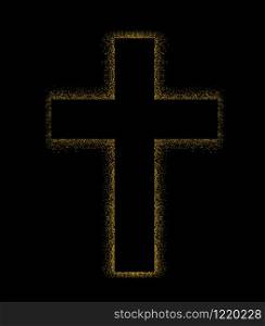 Gold shining cross logotype. Emblem of religious event. Greeting card with glitter and sparkles on dark night background.