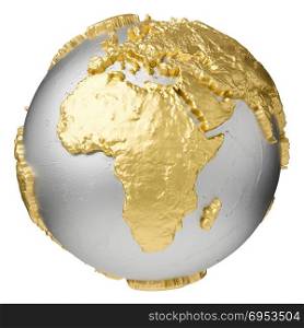 Gold, silver globe without water. Africa. 3d rendering isolated on white background. Elements of this image furnished by NASA