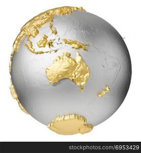 Gold, silver globe without water. Australia. 3d rendering isolated on white background. Elements of this image furnished by NASA