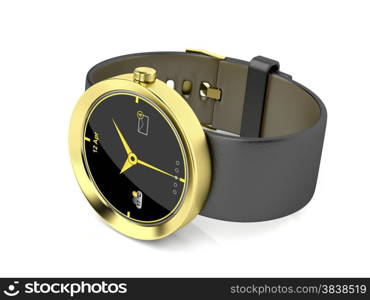 Gold smart watch on shiny white background