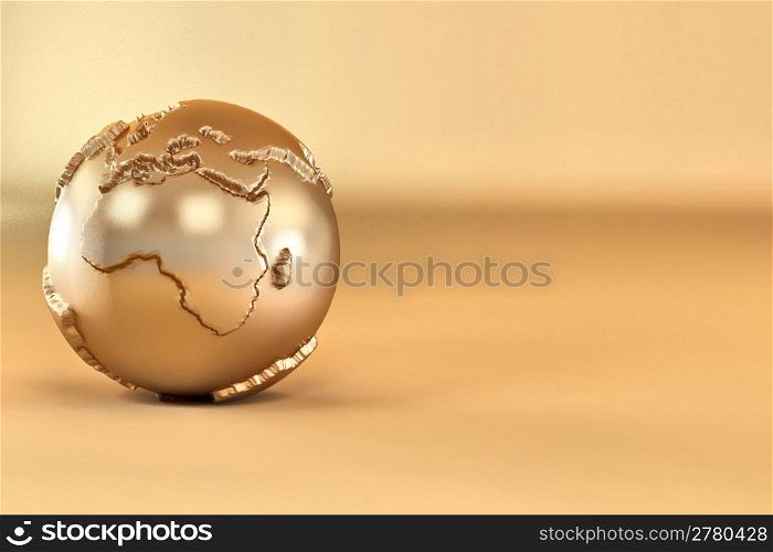 Gold three-dimensional earth on yellow background. 3d