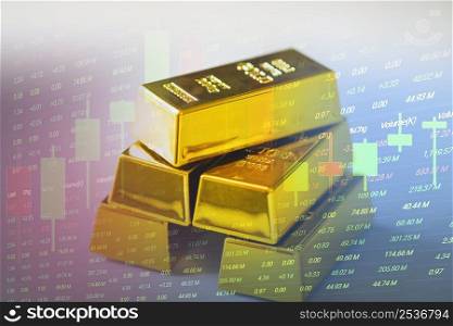Gold trading, gold bars on fabric with stock graph chart stock market trade background, pile of gold bars financial business economy concepts, wealth and reserve success in business and finance