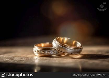Gold wedding bands on table. Card design. Generate Ai. Gold wedding bands on table. Generate Ai