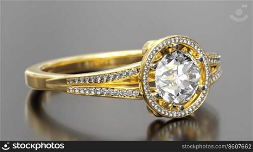 Gold wedding ring isolated on grey background. 3d render