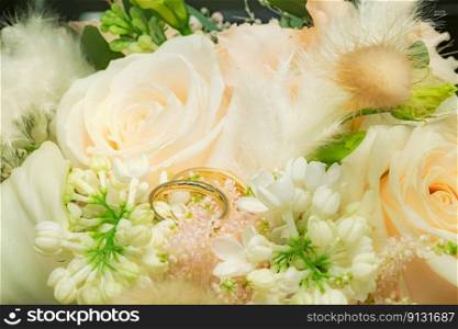 Gold wedding rings lying in green white wedding bouquet with fresh flowers. Wedding symbols such as wedding rings and bridal bouquet in a romantic setting