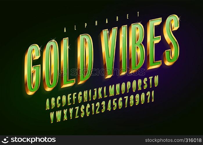 Golden 3d green glossy font, gold letters and numbers. Swatch color control. Golden 3d green glossy font, gold letters and numbers.