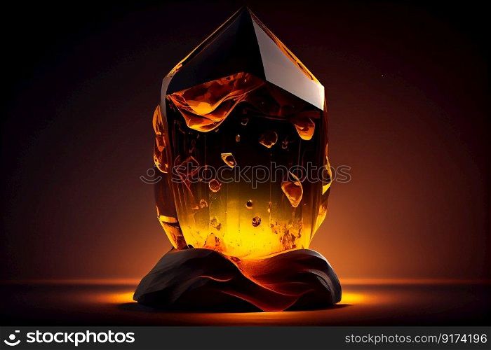 golden amber polished stone in podium illustration Generative AI.