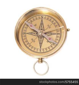 Golden ancient compass isolated on white background