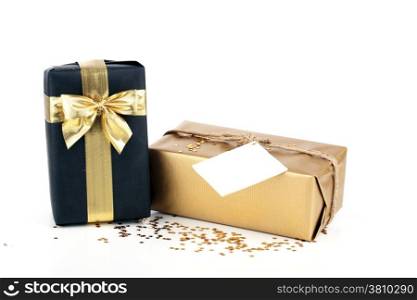 Golden and black christmas gift box with blank card