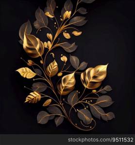 Golden and black twig with leaves. Generative AI design. Golden and black twig with leaves. Generative AI