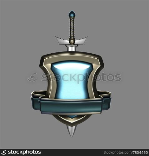 Golden and blue coat of arms with a sword isolated on grey