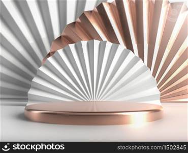 Golden and copper stage,podium or pedestal over white paper and copper fans in studio. 3D illustration. Abstract podium in seashell. Perfect image for fashion, clothes or cosmetics. Place your object or product on pedestal.. Golden and copper stage,podium or pedestal over white paper and copper fans in studio. 3D render. Abstract podium in seashell. Perfect image for fashion, clothes or cosmetics. Place your object or product on pedestal.