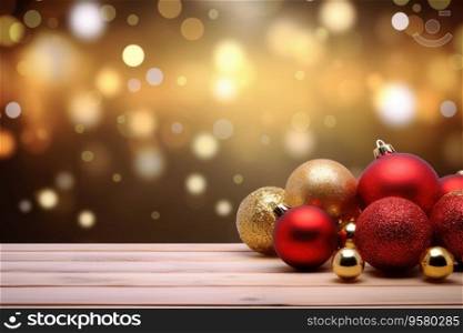Golden and red Christmas balls on a wooden table on a background of bokeh Christmas garlands. Golden and red Christmas balls on a wooden table