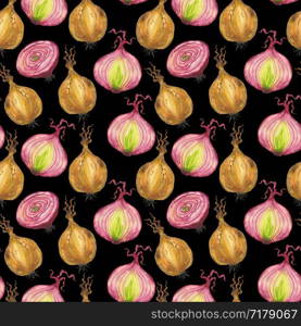 Golden and red onions in a pattern on a black background. Watercolor hand illustration. For the design of textiles, home decor, napkins and more.