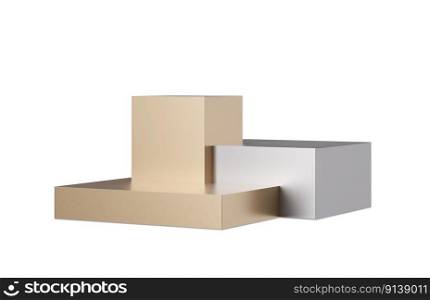 Golden and silver podium isolated on white background. Elegant podium for product, cosmetic presentation. Luxury mock up. Pedestal or platform for beauty products. Empty scene. 3D rendering. Golden and silver podium isolated on white background. Elegant podium for product, cosmetic presentation. Luxury mock up. Pedestal or platform for beauty products. Empty scene. 3D rendering.