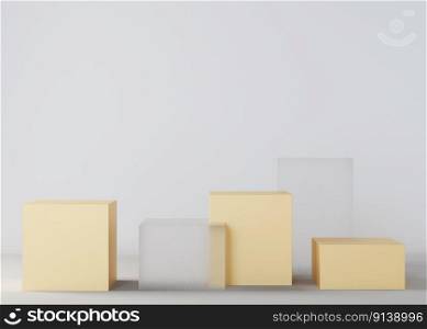 Golden and transparent podiums set for product, cosmetic presentation, on gray background. Mock up. Pedestal or platform for beauty products. Empty scene. Copy space for logo, or text. 3D rendering. Golden and transparent podiums set for product, cosmetic presentation, on gray background. Mock up. Pedestal or platform for beauty products. Empty scene. Copy space for logo, or text. 3D rendering.