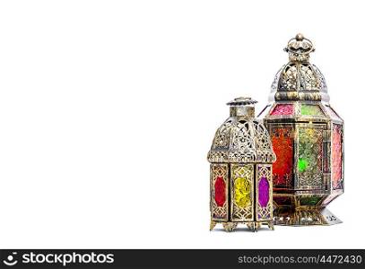 Golden arabic lantern. Oriental holidays decoration on white background