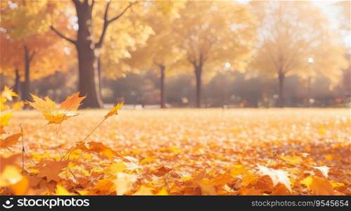 Golden Autumn Leaves in Sunlit Park  Beautiful Bokeh Photography. Generative AI.